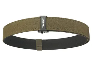 Macro view of olive green double-layer tactical belt featuring a durable automatic metal buckle