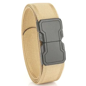 Men's khaki elastic woven tactical belt with black quick-release buckle
