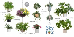 Dettaglio dei vari kit di vasi sospesi Sky Pots e catene di crescita in varie misure.