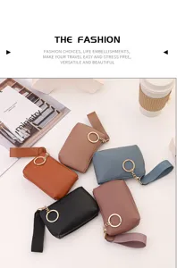 Small PU leather coin purse with wrist strap and key ring, multi-color portable wallet.