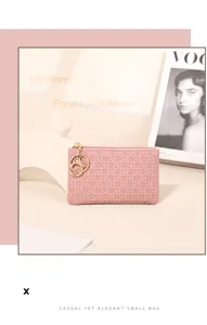Pink woven mini coin purse with key ring for women stylish daily accessory storage bag.