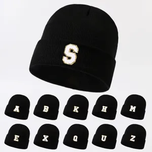Winter Warm Acrylic Knit Beanie Hat Black Casual Cuffless Cap With Embroidered Letter Patch For Men Women