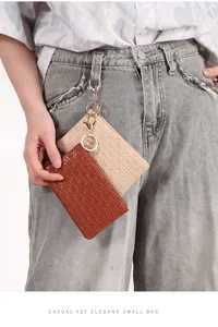 Woven mini coin purse keychain set for women stylish small wallet key holder pouch detail