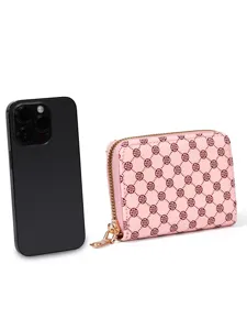 Pink zipper wallet card holder with cute clover print compact coin purse for women daily use