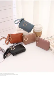 Classic lychee pattern PU leather mini coin purse with wristlet strap and key ring, multi-color.