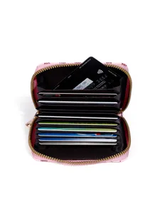 Pink accordion card wallet with multiple card slots and secure zipper closure for daily use.