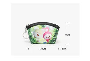 Close-up detail of a portable cartoon coin purse with zipper and keychain. Compact size.
