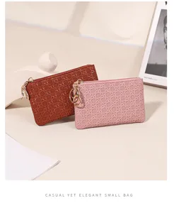 Woven mini coin purse and key pouch detail, elegant casual style with secure zipper and ring.