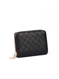 Black quilted leather card holder wallet featuring gold zipper and multiple interior slots.