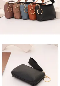 Detail view of the litchi pattern mini coin purse with wrist strap and key ring, fashion.