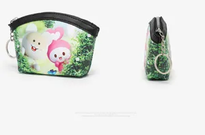 Detailed view of cute portable women coin purse with cartoon rabbit print and zipper and keychain.