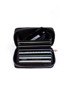 Black accordion card wallet with zipper closure and multiple slots for daily coin and card storage.