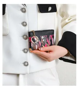 Compact PU leather coin purse card holder with geometric pattern and metal keychain ring detail