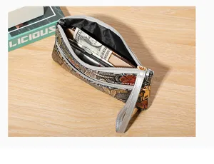 Women vintage floral clutch wallet detail view, multi-layer wristlet purse with zipper.
