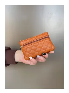 Stylish quilted PU leather coin purse with double zippers, compact wallet for women.