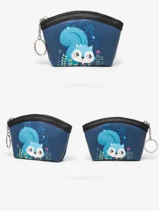 Cute blue squirrel coin purse with keychain, compact portable card bag for daily use.