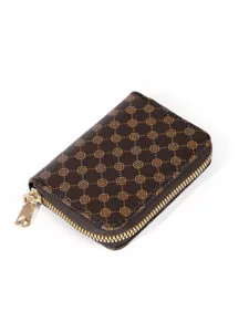 Dark brown monogram zipper card holder with gold hardware and classic clover pattern design.