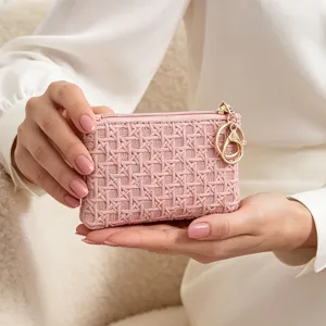 Mini Woven Coin Purse Women Fashion Small Wallet Keychain Storage Bag Minimalist PU Leather Card Holder Pouch
