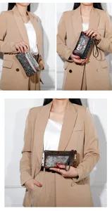 Women vintage floral pattern wristlet wallet long purse, detailed view showing design features.