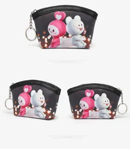 Cute cartoon print coin purse with zipper and keychain, portable card holder bag.