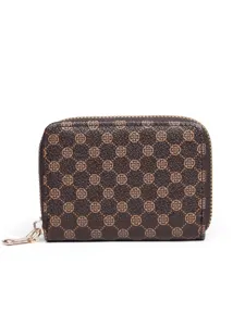 Brown leather clover pattern zipper coin purse detail view, compact card holder compact design.