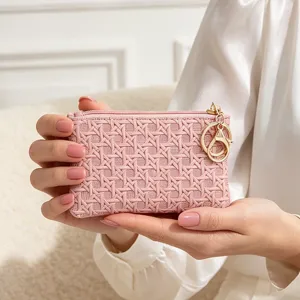 Pink woven mini coin purse for women with gold keychain cute compact zipper card holder wallet