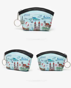 Cute portable shell coin purse with keychain, vintage travel illustration design, mini card bag.