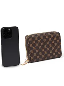 Brown monogram pattern zippered wallet detail shot, elegant daily card holder and coin purse accessory.
