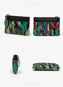 Close-up details of stylish geometric print coin purse, compact zipper wallet with keyring.