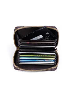Brown leather accordion card wallet detail view showing multiple card slots and secure zipper closure.