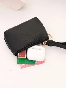 Black litchi pattern mini coin purse with wrist strap zipper wallet for women daily use