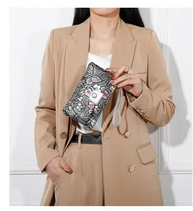 Women floral vintage long clutch wallet with wrist strap stylish ladies purse for daily use