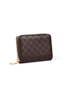 Dark brown quilted leather zipper wallet compact card case daily storage accessory minimalist design