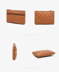 Brown quilted PU leather coin purse with double zipper, small wallet and card holder for women.
