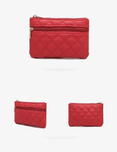 Women quilted pu leather coin purse small wallet with double zipper red minimalist design.