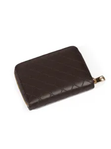 Dark brown quilted zipper coin purse compact card holder with stylish geometric stitching.