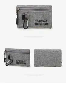 Grey canvas coin purse with zipper and carabiner, portable small wallet for daily use.