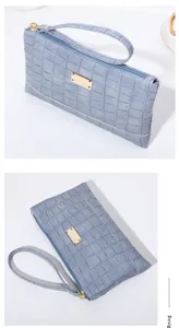 Damen langes Krokodilmuster Handgelenk Portemonnaie, blaue PU Leder Clutch Tasche mit Reißverschluss.