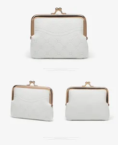 White PU leather kiss lock coin purse with clover embossed pattern and gold frame wallet.