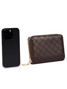 Detail view of a compact brown quilted leather wallet with secure zip closure and card slots.