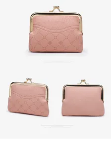 Pink leather kiss lock coin purse vintage small wallet cute card coin pouch for women and men.