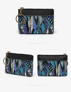 Stylish abstract feather pattern coin purse with key ring and zipper for women and men detail