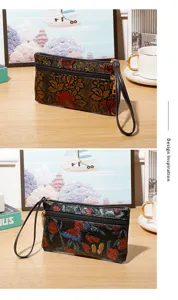 Women floral vintage embossed clutch bag long wallet wristlet coin purse detail design showcase