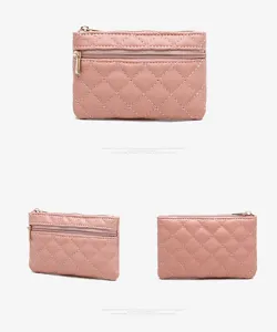 Pink quilted PU leather coin purse with double zippers, compact card and key holder bag.