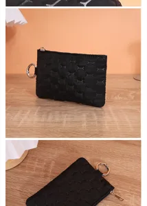 Black quilted coin purse with key ring, waterproof mini wallet zipper pouch for keys cards.