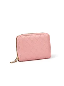 Pink quilted card holder detail view, compact zipper wallet with multiple card slots.