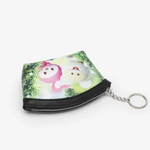 Portable cute women coin purse with cartoon print, zipper closure and keychain ring.