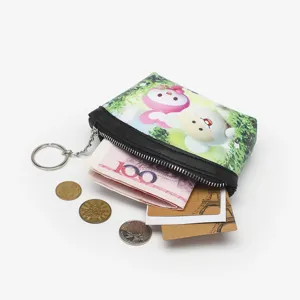 Portable mini zipper coin purse cute cartoon print wallet with keychain for women daily use