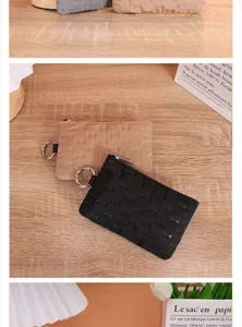 Waterproof quilted coin purse with key ring, portable small zipper wallet for daily use.