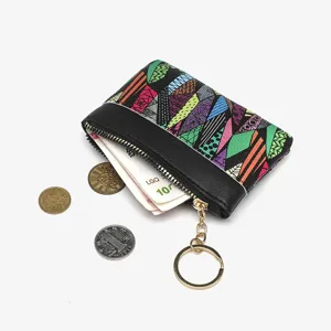 Geometric printed PU leather coin purse with zipper closure and practical keychain ring.